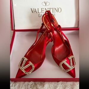 Valentino Garavani Red Satin Heels with Crystal Buckle